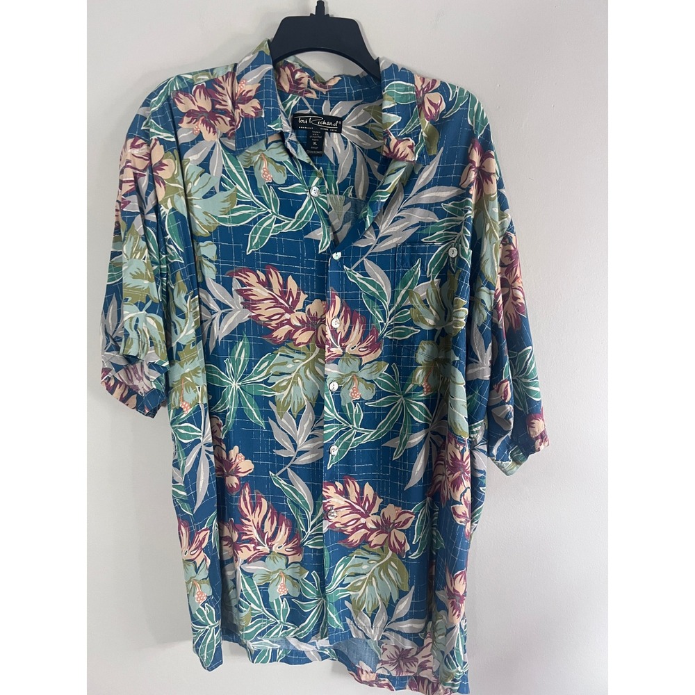 Tori Richard Mens XL Aloha Shirt Blue Tropical Floral Viscose Made in Hawaii